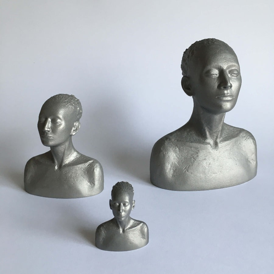 3D PR stainless steel sculptures by Erlend Tait, three busts of figures in stainless steel. | Handmade sculpture for sale at The Biscuit Factory Newcastle