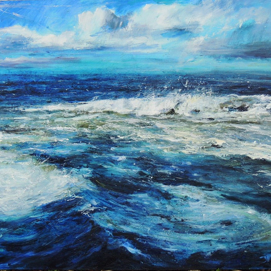 A Freshening Wind by Jim Wright, an original seascape painting of choppy seas and a blue sky. | Original art for sale at The Biscuit Factory Newcastle. 