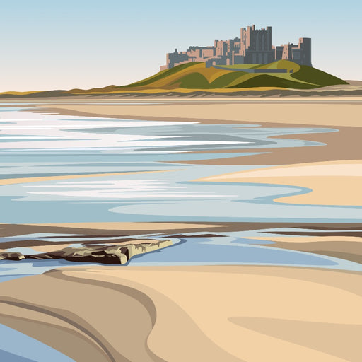 Image shows an art print by Ian Mitchell for sale at The Biscuit Factory, depicting Bamburgh Castle in Northumberland with the beach beneath it.