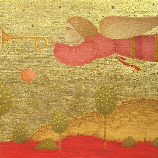 A Golden Evening by Alexander Shibniov original painting for sale at The Biscuit Factory. Image shows part of a painting of an Angel in a red robe blowing a golden horn. 