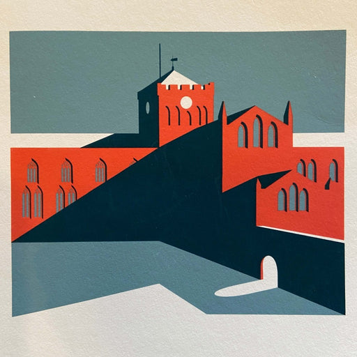 Abbey in Shadow by Mike Pinkney, a graphic screenprint of an Abbey building in pink, grey and white. | Limited edition art prints for sale at The Biscuit Factory Newcastle