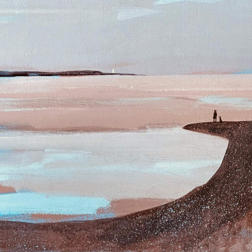 Across the Wide Tide is an original painting by Barbara Peirson showing a figure with a dog looking out to sea from the land. For sale at The Biscuit Factory, Newcastle.