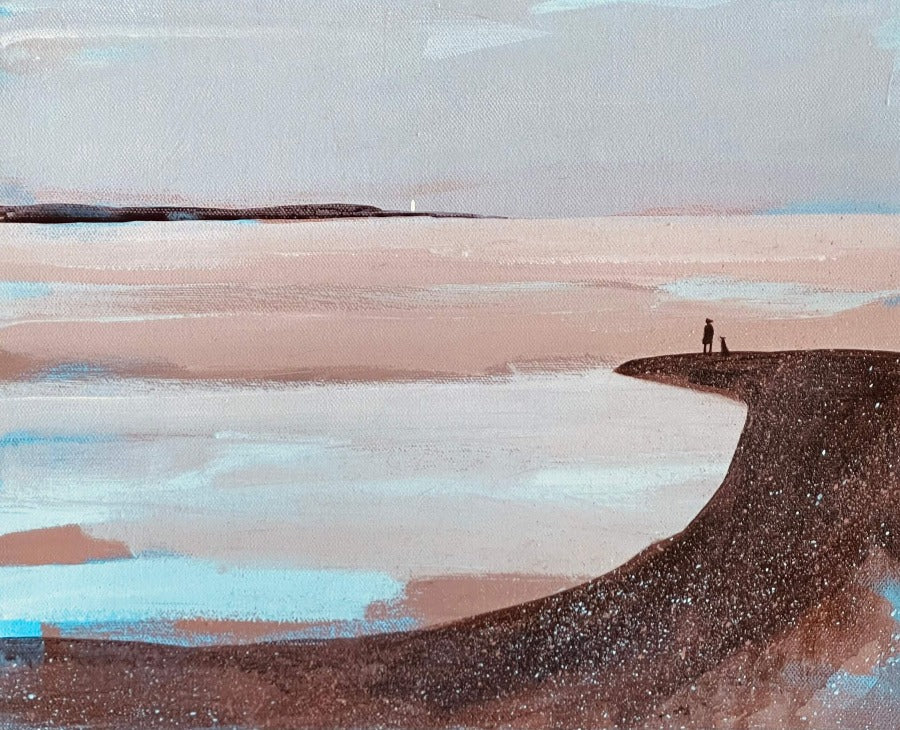 Across the Wide Tide is an original painting by Barbara Peirson showing a figure with a dog looking out to sea from the land. For sale at The Biscuit Factory, Newcastle.