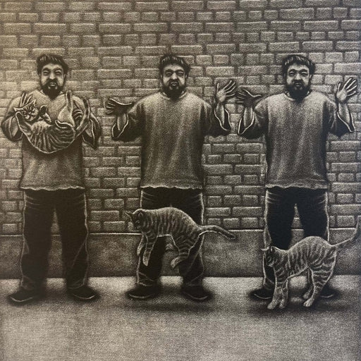 Ai Weiwei's Cat by Mychael Barratt, a limited edition art print depicting artist Ai Weiwei dropping a cat . | Limited edition art prints for sale at The Biscuit Factory Newcastle