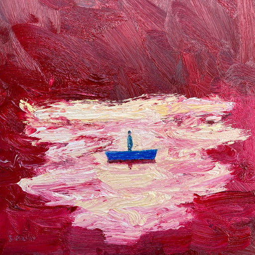 All At Sea by Stuart Buchanan, an original oil painting of a figure standing on a boat in the middle of a red seascape. | Contemporary art for sale at The Biscuit Factory Newcastle