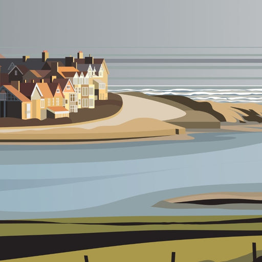 Image shows a giclee print by Ian Mitchell for sale at The Biscuit Factory, depicting the seaside village of Alnmouth, Northumberland overlooking the estuary and sea beyond.