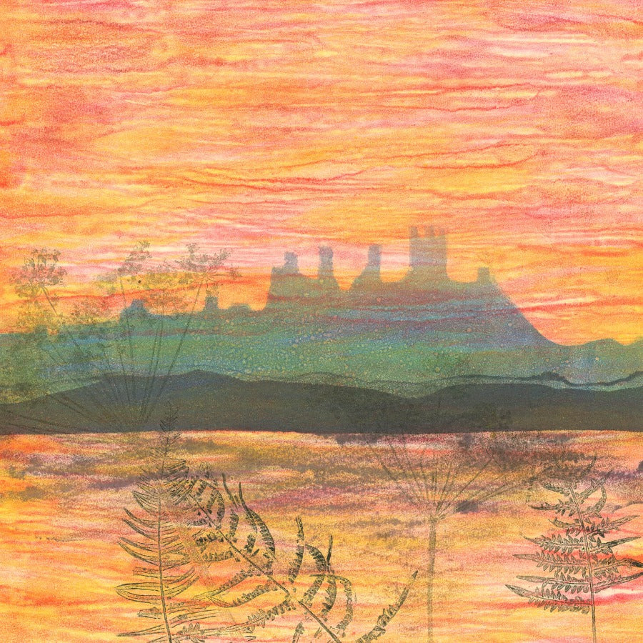 Ancient Ruins at Dawn by Carol Nunan, a colourful monotype print of castle ruins against a pink sky. | Original art for sale at The Biscuit Factory Newcastle.