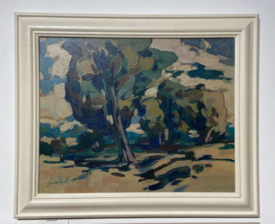 Arid Ground by Garry Courtnell, an original landscape painting in greend and browns. | Original landscape art for sale at The Biscuit Factory Newcastle