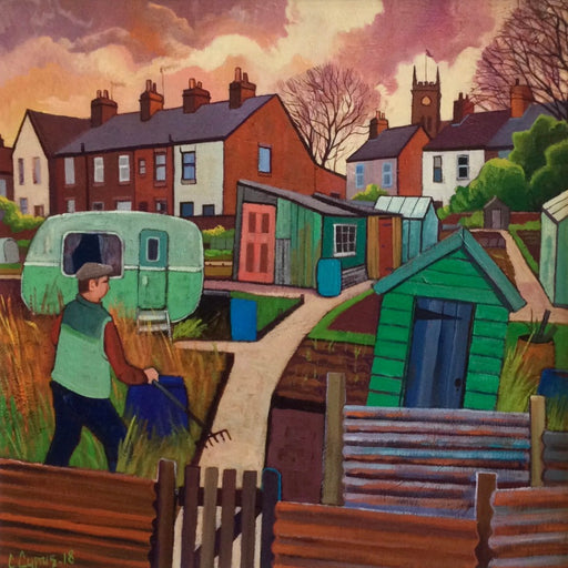 Autumn Clearing by Chris Cyprus, an original oil painting of a person clearing an allotment