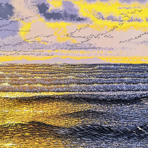 Autumn Migration by Mark A Pearce, a reduction linocut print of birds flying over the sea in yellow and purple tones. | Original art for sale at The Biscuit Factory Newcastle