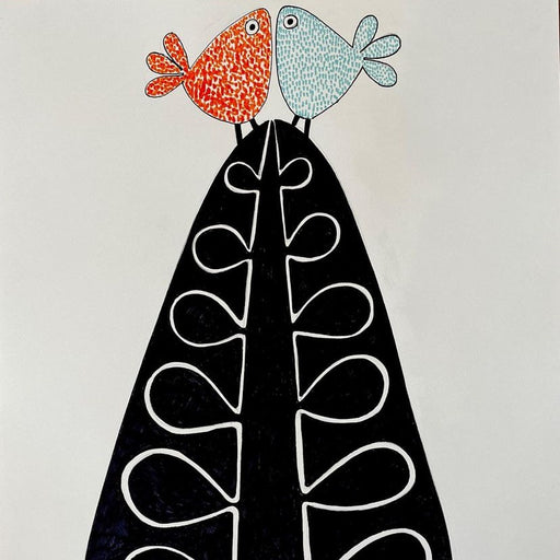 Birds of a Feathe by Michael Disley, an art print of an orange and blue bird on a treetop.  Art prints for sale at The Biscuit Factory Newcastle