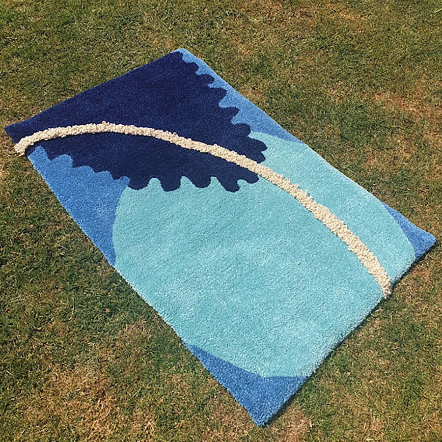 Blue Berry by Loop & Yarn, a handmade textile rug in shades of blue with a cream stripe. | Original, handmade textile art for sale at The Biscuit Factory Newcastle.