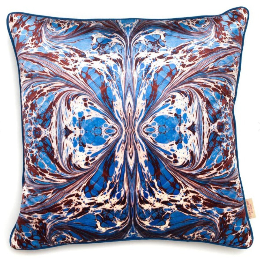 Blue Fantasy Velvet Cushion by Susi Bellam, an abstract and brighly coloured patterned cushion. | Original textile homewares for sale at The Biscuit Factory Newcastle