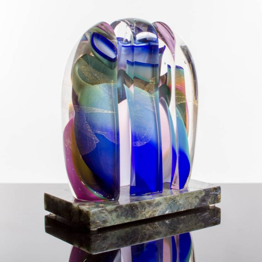 Blue Pink Cut Vortex Sculpture by Phil Vickery, an original glass sculpture with blue, pink and green colours | Original handmade art for sale at The Biscuit Factory Newcastle.