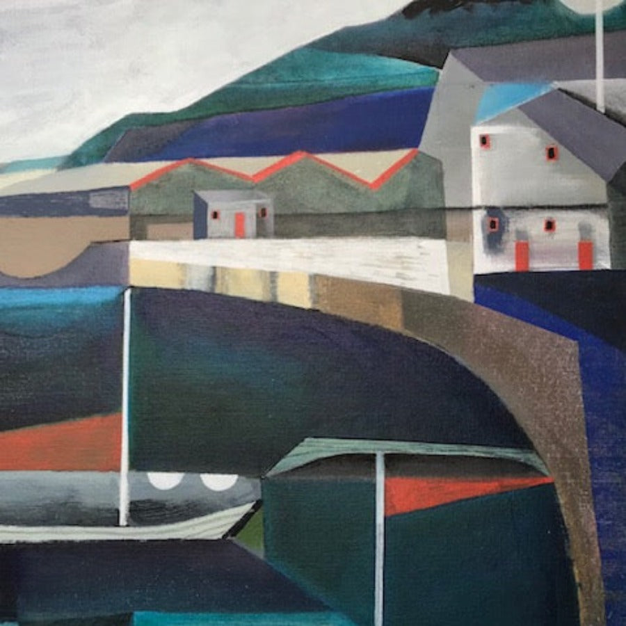 Boat In A Harbour With Reflection by Michael St Claire, an original painting of a harbour. | Original art for sale at The Biscuit Factory Newcastle.