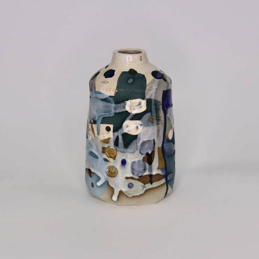 Bottle Grey Jade Blues by Dawn Hajittofi - A tall ceramic bottle with colourful patterns. | Handmade ceramic artwork for sale at The Biscuit Factory Newcastle.