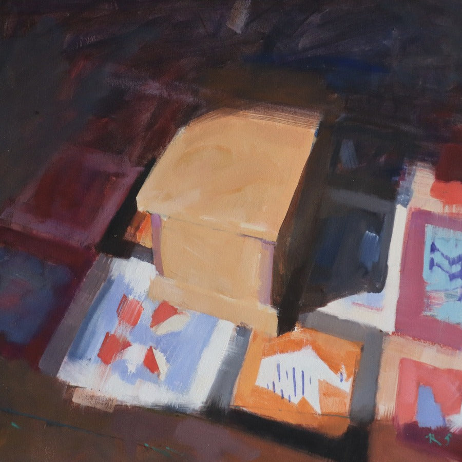 Box, White Bird by Richard Sowman, original oil painting for sale at The Biscuit Factory art gallery. Image shows a painting of a brown box on a multicoloured rug.