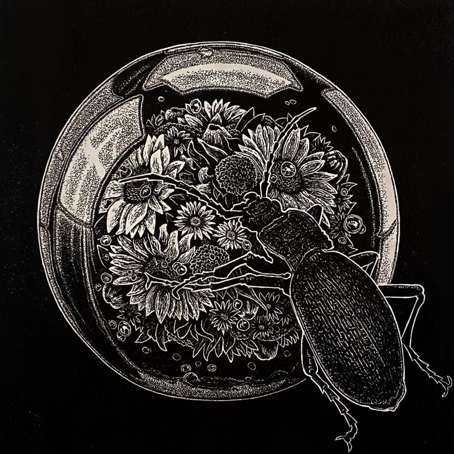 Bubble by Ade Adesina, a linocut print of flowers in a bubble with a beetle outside.  | Limited Edition art prints for sale at The Biscuit Factory Newcastle