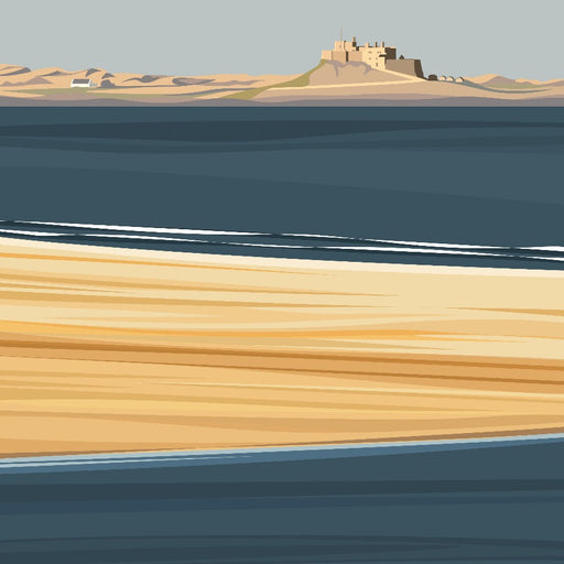 Image shows a giclee art print by Ian Mitchell for sale at The Biscuit Factory depicting the coastal landscape of Budle Bay with Lindisfarne Castle in the distance