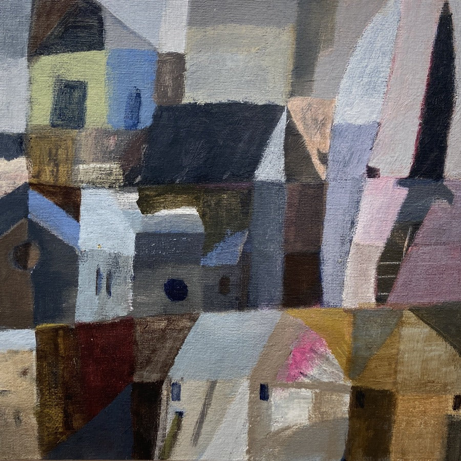 Image shows part of a painting 'Church with Birds' by artist Michael St Clair for sale at The Biscuit Factory art gallery. The painting is an abstracted village with a church in the centre and two birds flying above