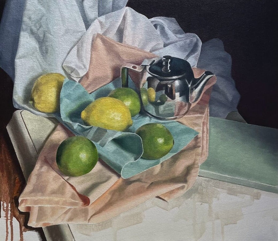 Citrus Fruit with Blue Paper by Angelo Murphy, an original still life painting of lemons and limes with a silver teapot. | Contemporary still life paintings at The Biscuit Factory Newcastle