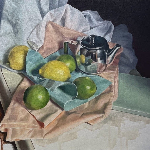 Citrus Fruit with Blue Paper by Angelo Murphy, an original still life painting of lemons and limes with a silver teapot. | Contemporary still life paintings at The Biscuit Factory Newcastle