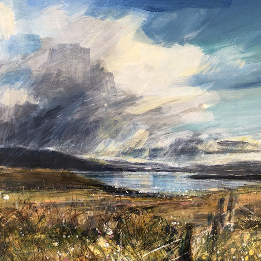 Image shows section of a mixed media landscape painting. Find 'Clouds, Loch Scridain, Mull' original art for sale by Sarah Carrington at The Biscuit Factory art gallery in Newcastle