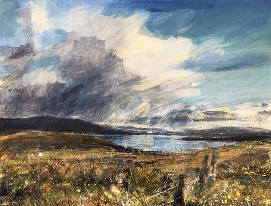 Image shows a mixed media landscape painting. Find 'Clouds, Loch Scridain, Mull' original art for sale by Sarah Carrington at The Biscuit Factory art gallery in Newcastle