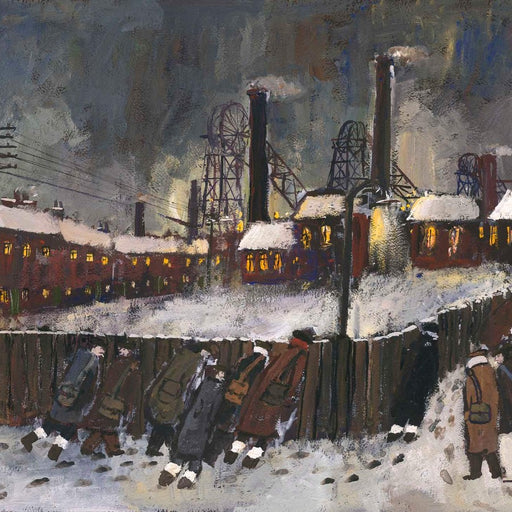 Colliery Lights by Malcolm Teasdale, an art print of workers walink past the colliery at night. | Original art for sale at The Biscuit Factory Newcastle