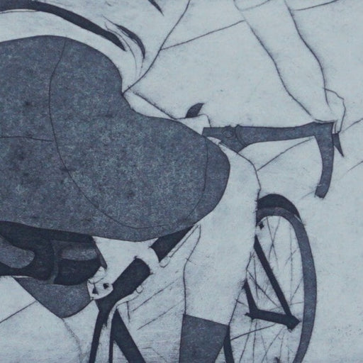 Come On Legs by Sarah Morgan, an etching of a man riding a bike. | Original art for sale at The Biscuit Factory Newcastle