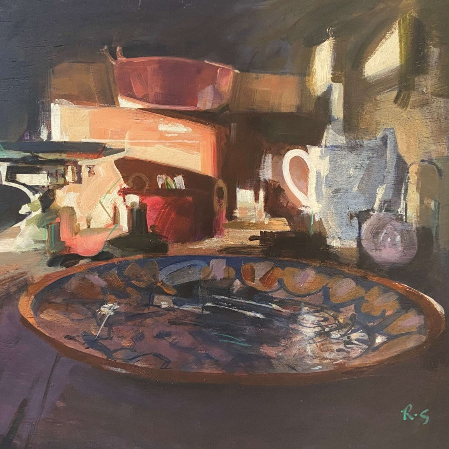 Copper, Clay, Stone, Glass, Wood by Richard Sowman, an original still life painting. | Contemporary art for sale at The Biscuit Factory Newcastle