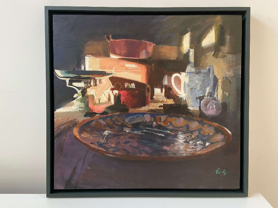 Copper, Clay, Stone, Glass, Wood by Richard Sowman, a framed original still life painting. | Contemporary art for sale at The Biscuit Factory Newcastle