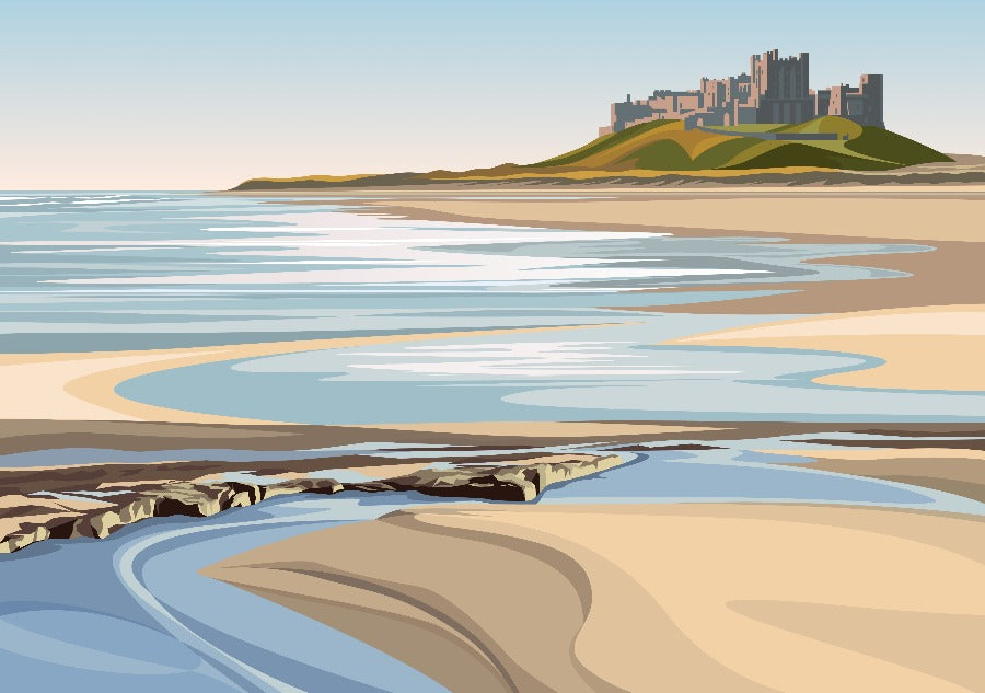 Image shows an art print by Ian Mitchell for sale at The Biscuit Factory, depicting Bamburgh Castle in Northumberland with the beach beneath it.