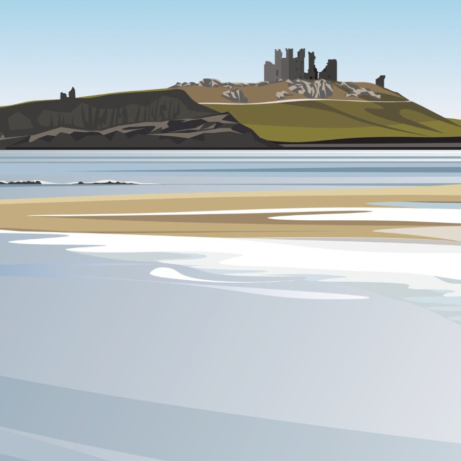 Image shows a giclee print by Ian Mitchell for sale at The Biscuit Factory, depicting the ruins of Dunstanburgh Castle viewed from the beach at Embleton, Northumberland.