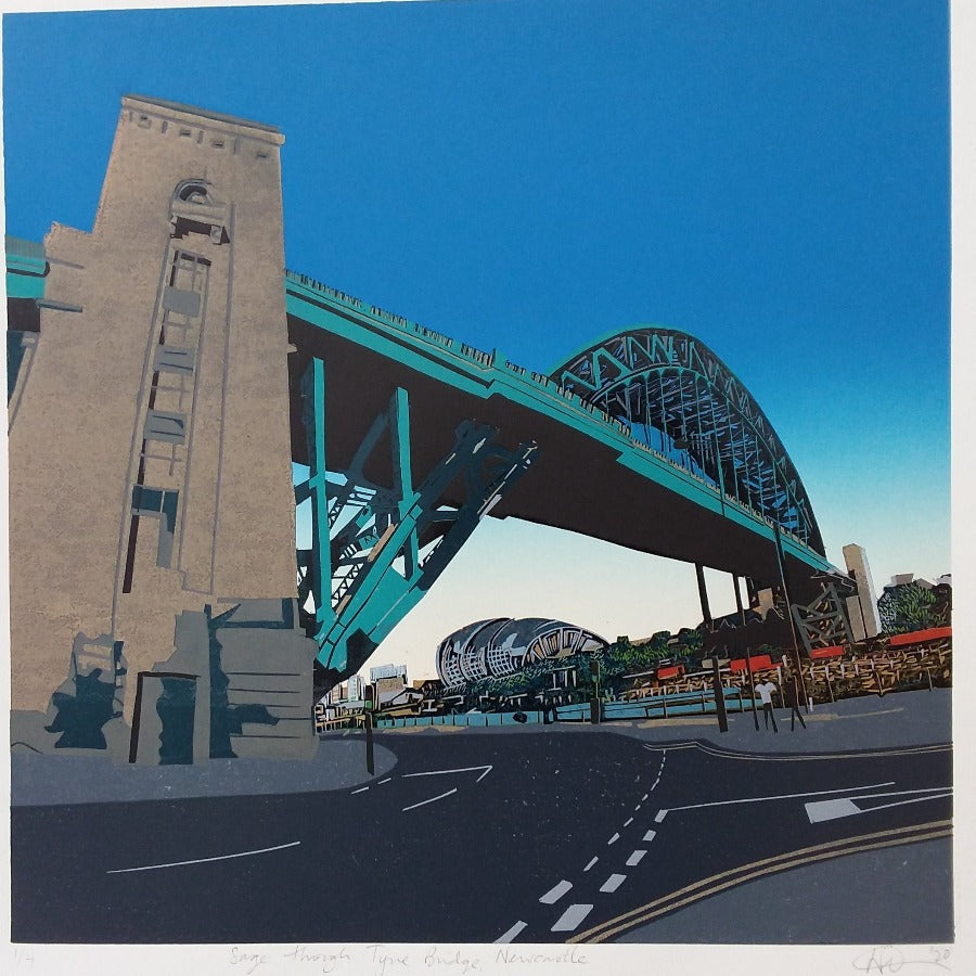 The Sage through the Tyne Bridge, original art for sale by Kevin Holdaway at The Biscuit Factory art gallery in Newcastle. Image shows a relief print of The Sage concert venue beneath the Tyne Bridge in Newcastle upon Tyne.