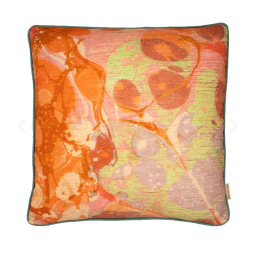 Coral Tapestry Marbelled Cushion by Susi Bellamy, a square cushion with an orange and yellow marbelled pattern. | Original homewares for sale at The Biscuit Factory Newcastle