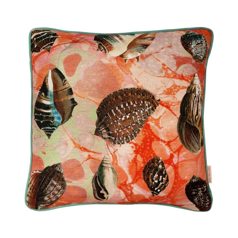 Coral Tapestry Shells Cushion by Susi Bellamy, a square cushion with an orange marbelled pattern behind various seashells. | Original homewares for sale at The Biscuit Factory Newcastle.