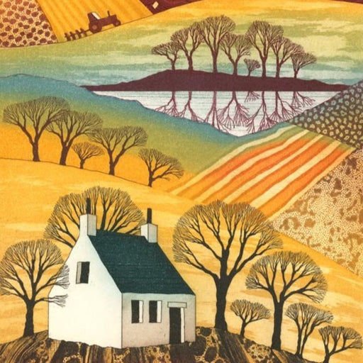 Buy 'Country Reflections' a landscape etching by Northumberland-based artist Rebecca Vincent. Image shows a tall etching of a colourful countryside landscape in autumn colours filled with patterned fields and a white cottage in the foreground.