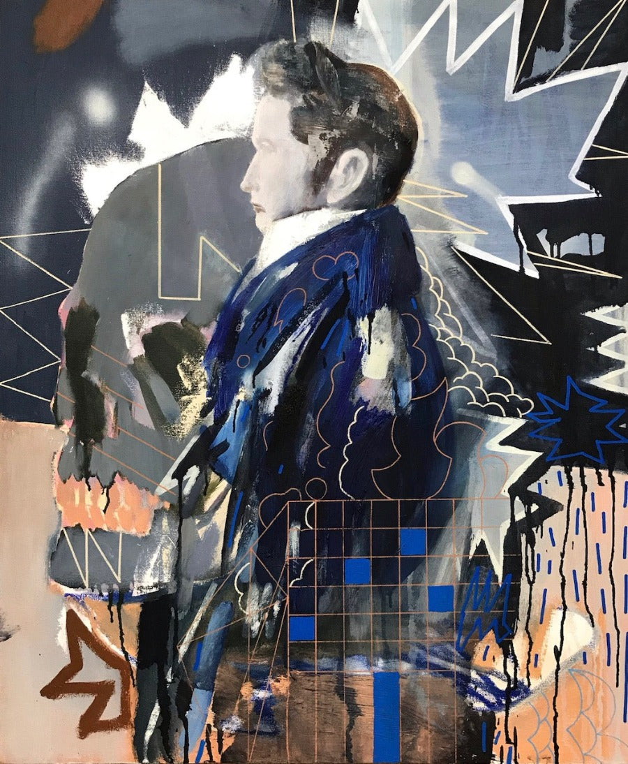 Crash Bang Whallop by Dan Cimmermann, an original mixed media portrait on canvas. | Unique contemporary art for sale at The Biscuit Factory Newcastle