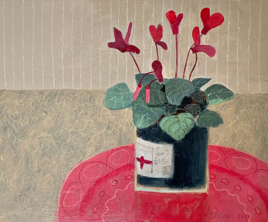 Cyclamen on Red Plate by Barbara Peirson. A painting of a cyclamen plant in a pot standing on a red plate.