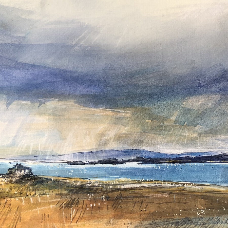 Image shows part of a landscape painting of the Isle of Mull. Find original art for sale like 'Dark Clouds over Mull' by Sarah Carrington at The Biscuit Factory art gallery in Newcastle
