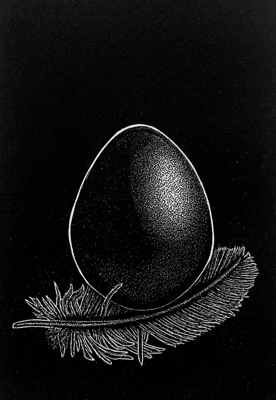 Dome by Ade Adesina, a Linocut print of an egg with a feather beneath it. | Limited edition art prints for sale at The Biscuit Factory Newcastle