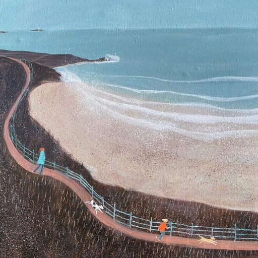 Down To The Beach by Barbara Peirson, an original painting depicting people walking down a clifftop path towards a beach.