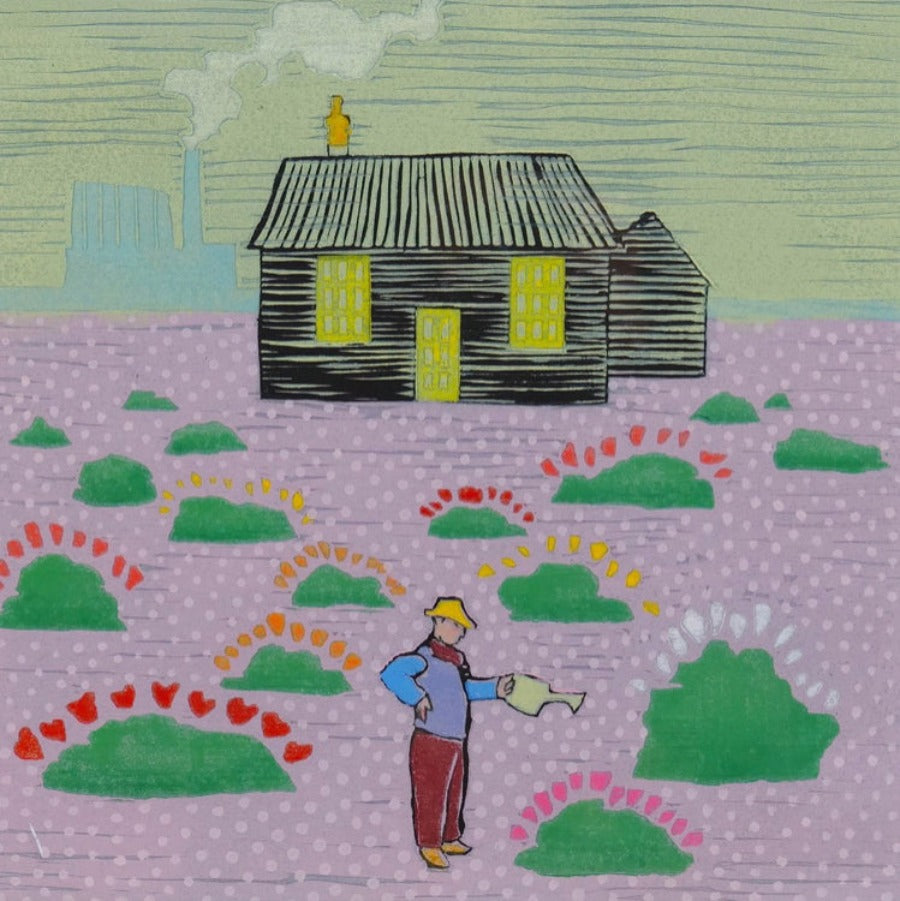 Dungeness by Mychael Barratt, an art print of a figure watering plants in front of a black house in Dungeness. |  Limited Edition art prints for sale at The Biscuit Factory Newcastle