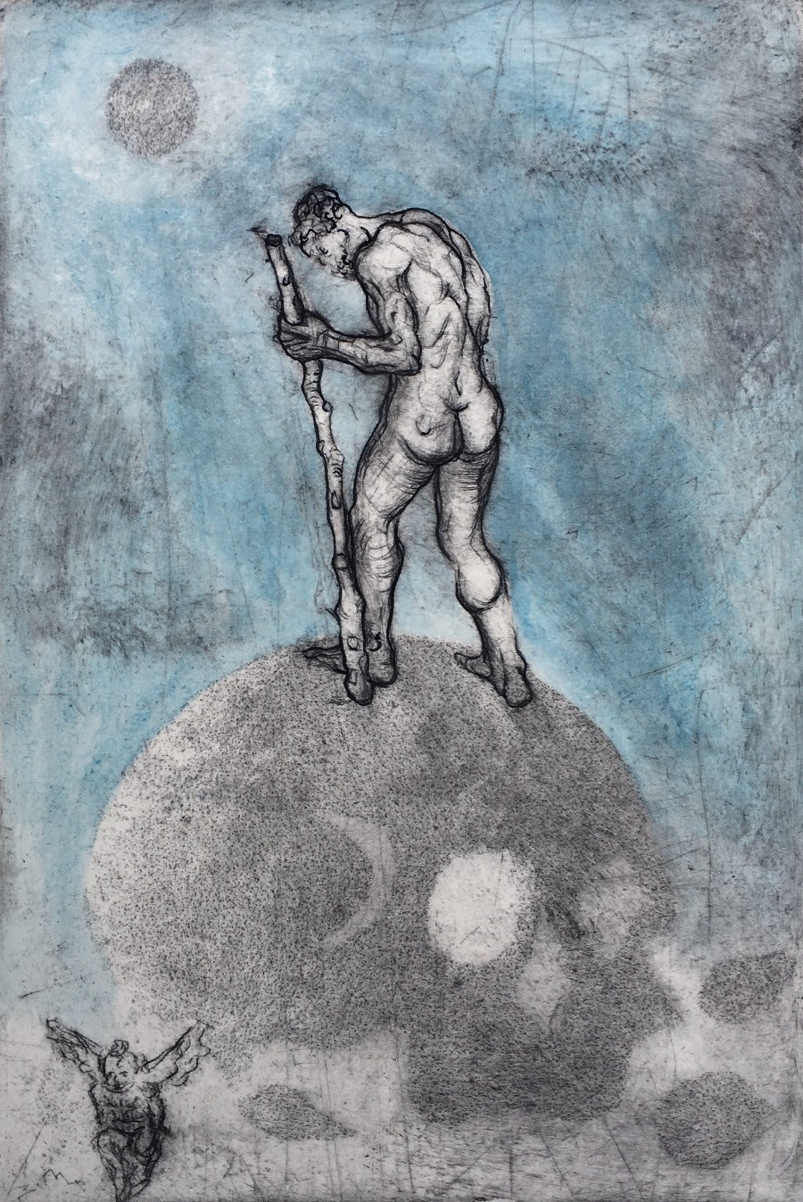 'Ecce Homo' by Mike Moor is an original drypoint and watercolour print of a figure with a staff standing on a grey sphere against a blue and grey background. Find this original art print for sale at The Biscuit Factory art gallery. 