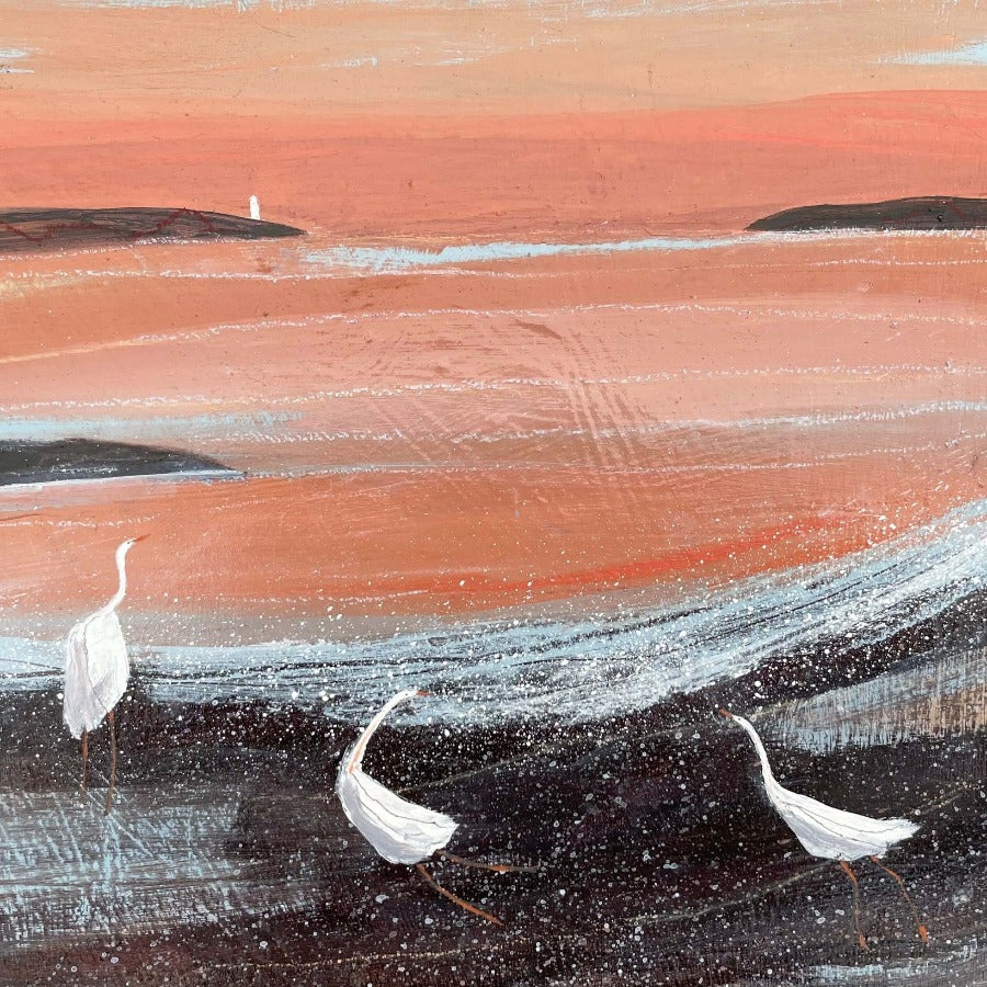Egrets at Dawn by Barbara Peirson, an original painting depicting three white egrets on the seashore at dawn.