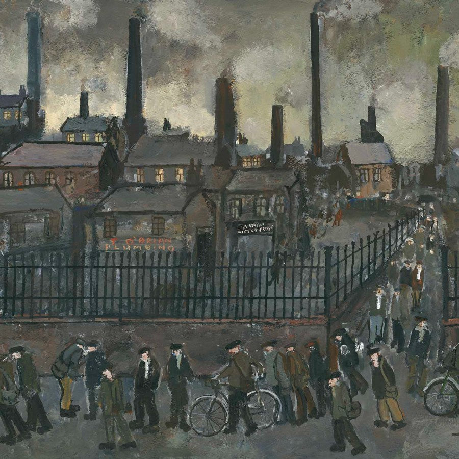 End of a Working Day by Malcolm Teasdale, an art print of workers leaving industrial buildings. | Original art for sale at The Biscuit Factory Newcastle.