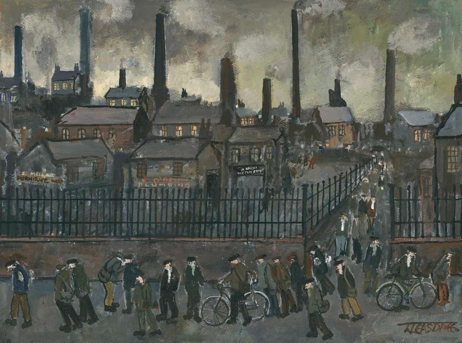 End of a Working Day by Malcolm Teasdale, an art print of workers leaving industrial buildings. | Original art for sale at The Biscuit Factory Newcastle.