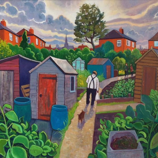 End of the Day by Chris Cyprus, an original painting of a figure and a dog leaving allotments. | Original art for sale at The Biscuit Factory Newcastle