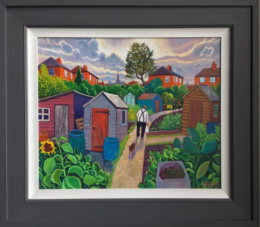 End of the Day by Chris Cyprus, an original painting of a figure and a dog leaving allotments. | Original art for sale at The Biscuit Factory Newcastle